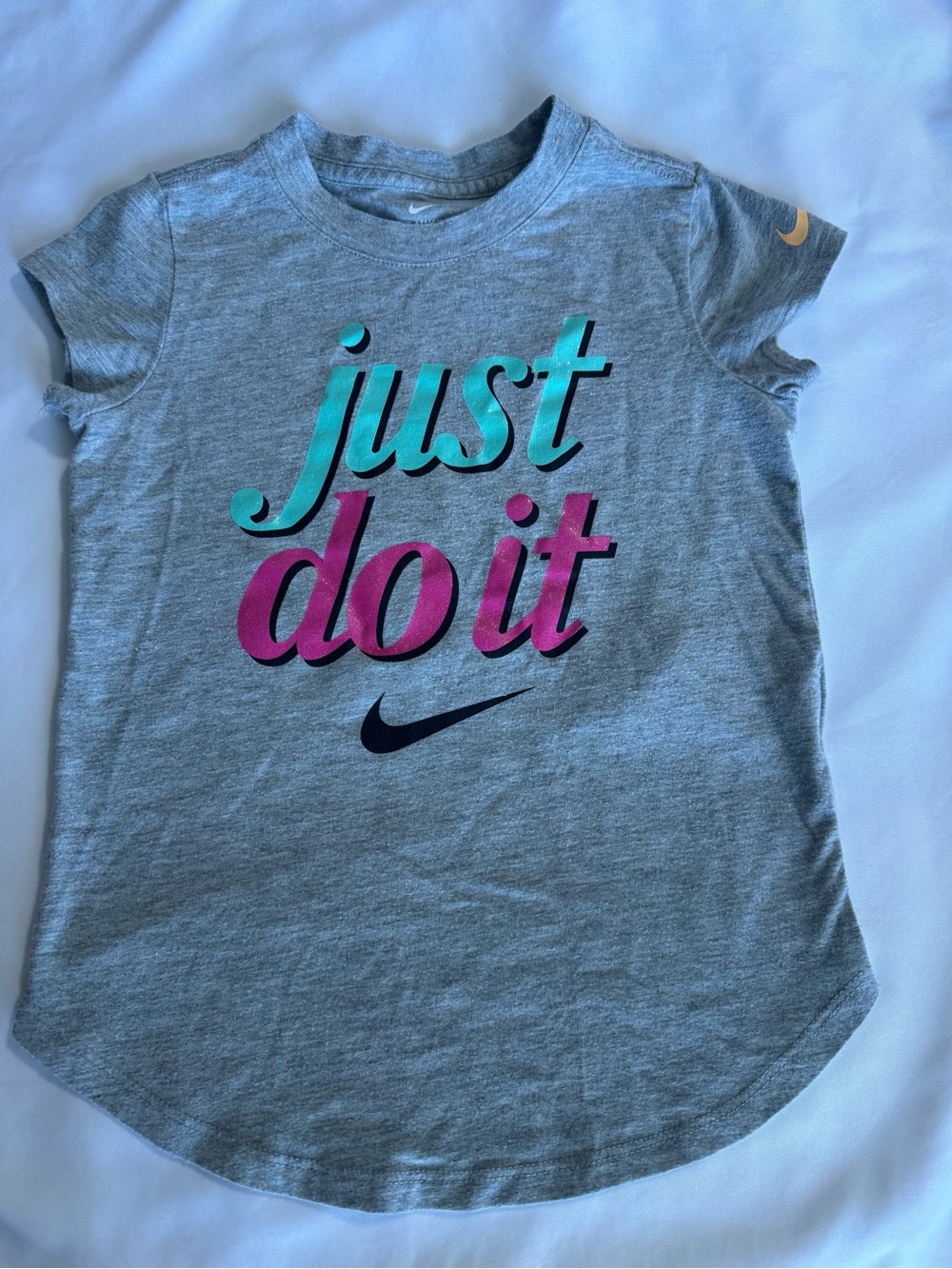 Nike Kids Gray Short Sleeve Tee with Teal & Magenta 'Just Do It' Graphic